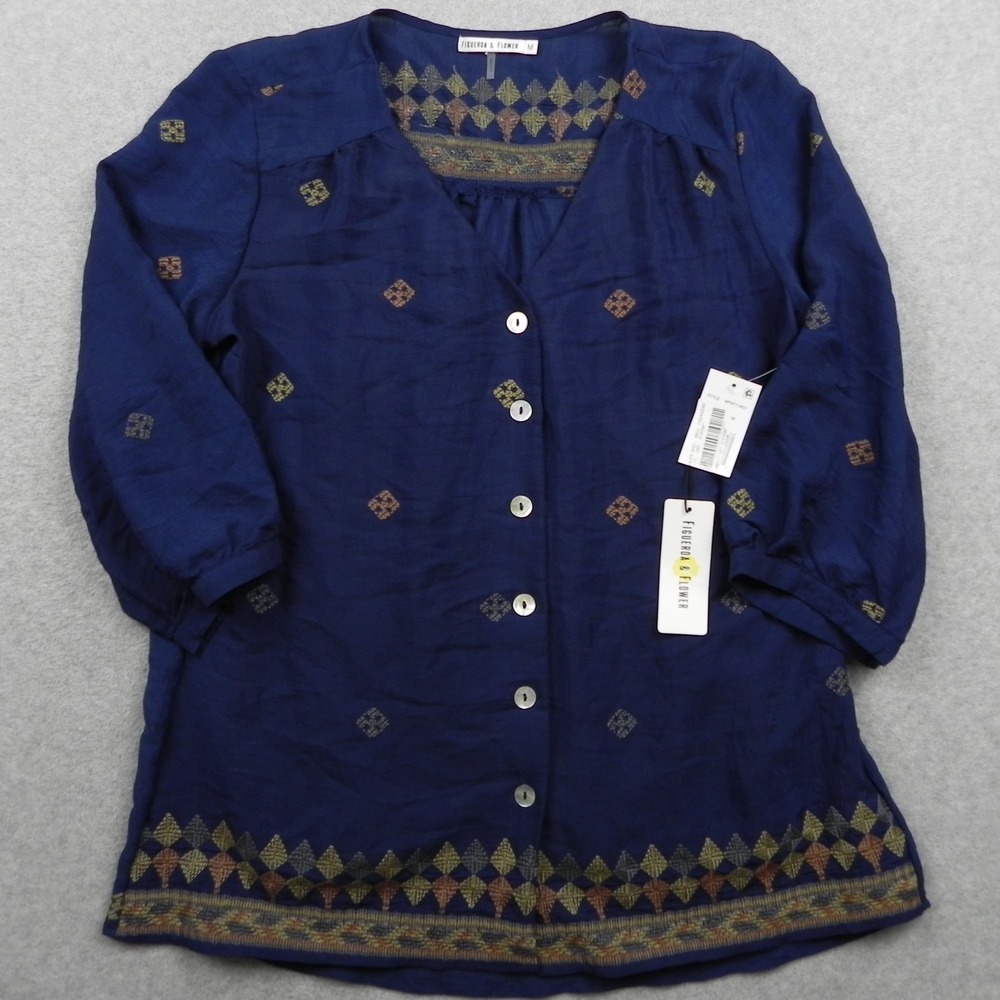 Figueroa & Flower Top Womens Medium Peasant V-Neck Button Blue 3/4 Sleeve NWT